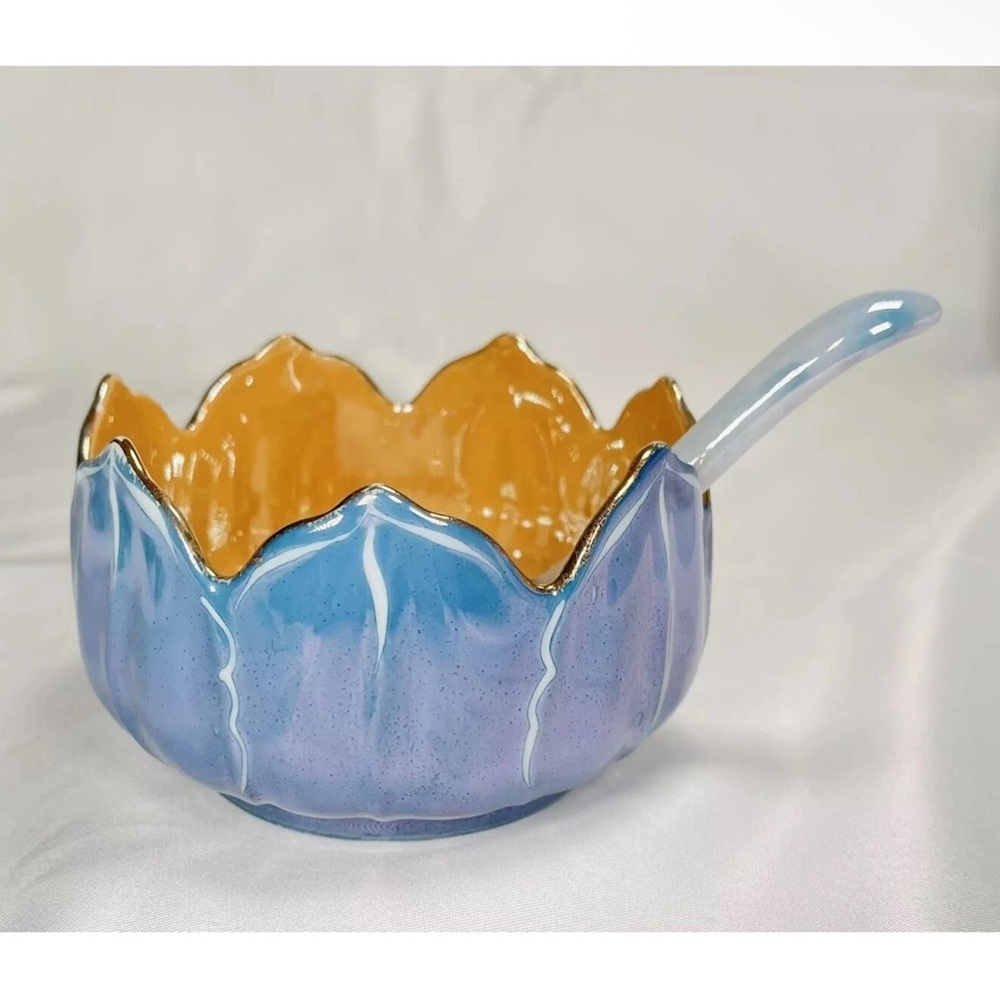 Vintage Blue & Gold Ceramic Bowl w/ Spoon & Saucer Hand Painted 3pc Lusterware